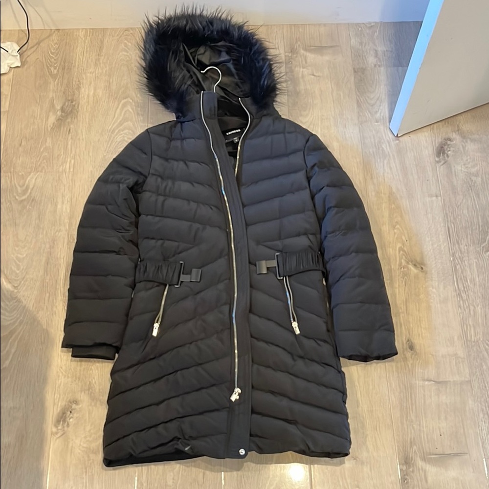 Express Black Puffer Jacket with Fur Trim